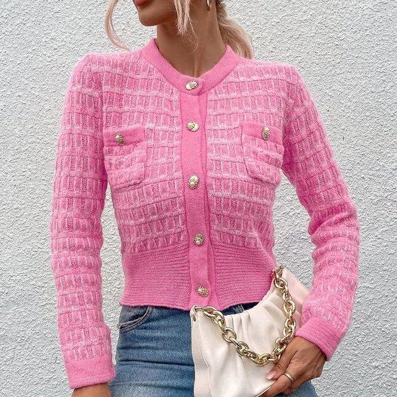 Pink Casual Womens Pocket Patched Button Front Cardigan - Picture 5 of 5